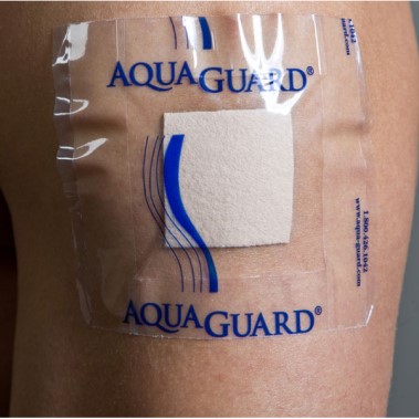 AquaGuard 4x4 Shower Cover on man's shoulder covering a bandage.