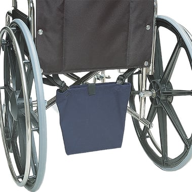Posey urine drainage bag holder 8215 attached to a wheelchair